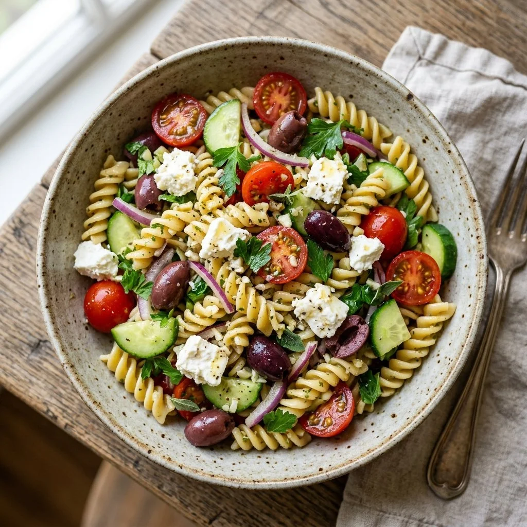 Delicious Greek Pasta Salad with tomatoes, olives, and feta cheese.