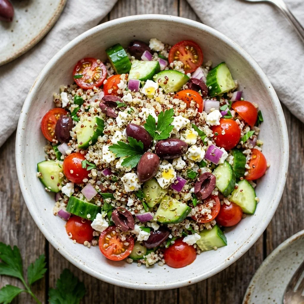 Colorful Greek Quinoa Salad with cucumbers, tomatoes, olives, and feta cheese
