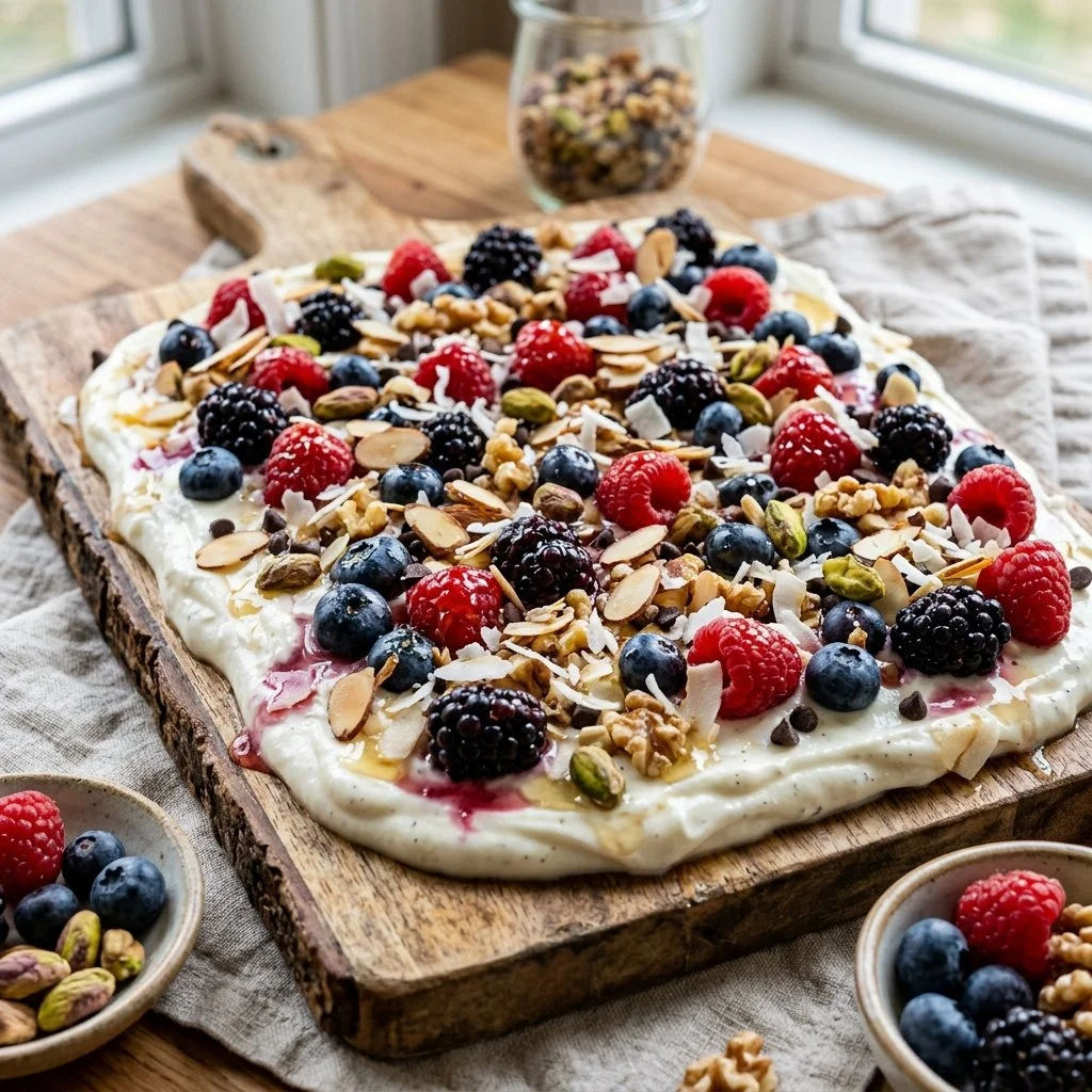 Healthy Greek Yogurt Bark topped with fruits and nuts