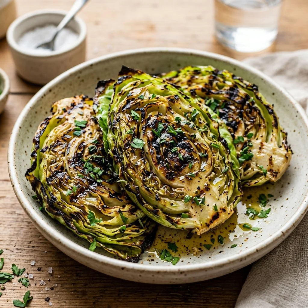 Grilled cabbage wedges on a grill, ready to serve as a tasty side dish