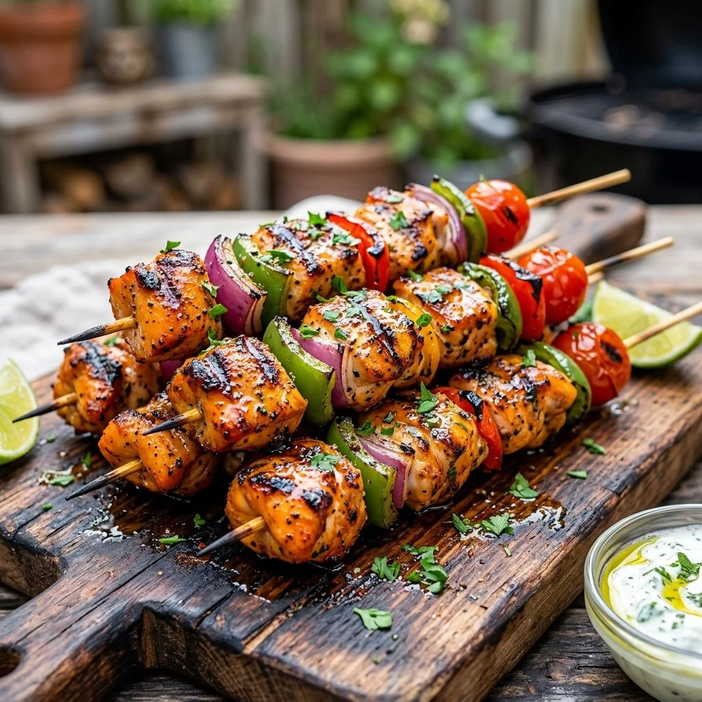 Grilled chicken kabobs skewered with colorful vegetables and herbs