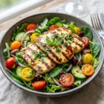 Delicious Grilled Halloumi Salad with fresh vegetables and herbs