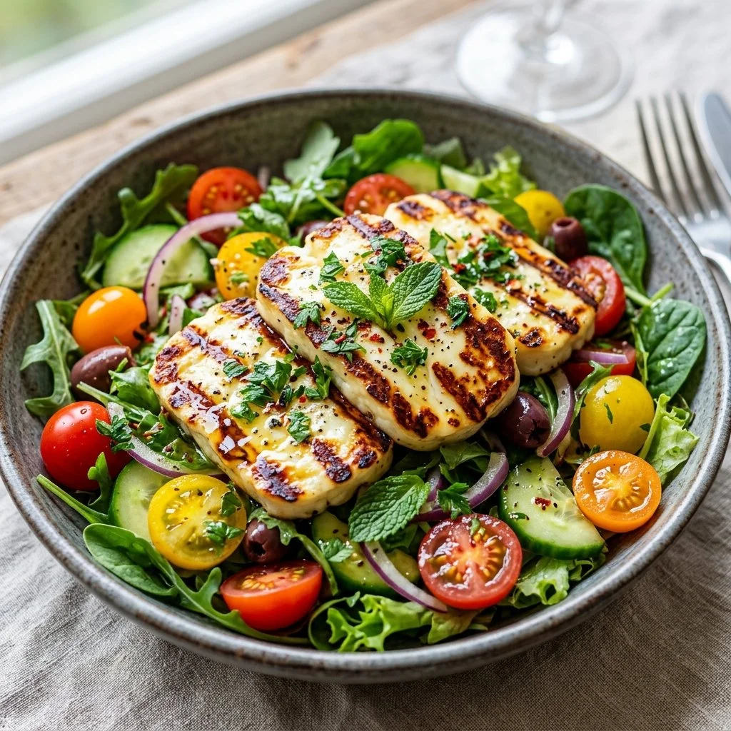 Delicious Grilled Halloumi Salad with fresh vegetables and herbs