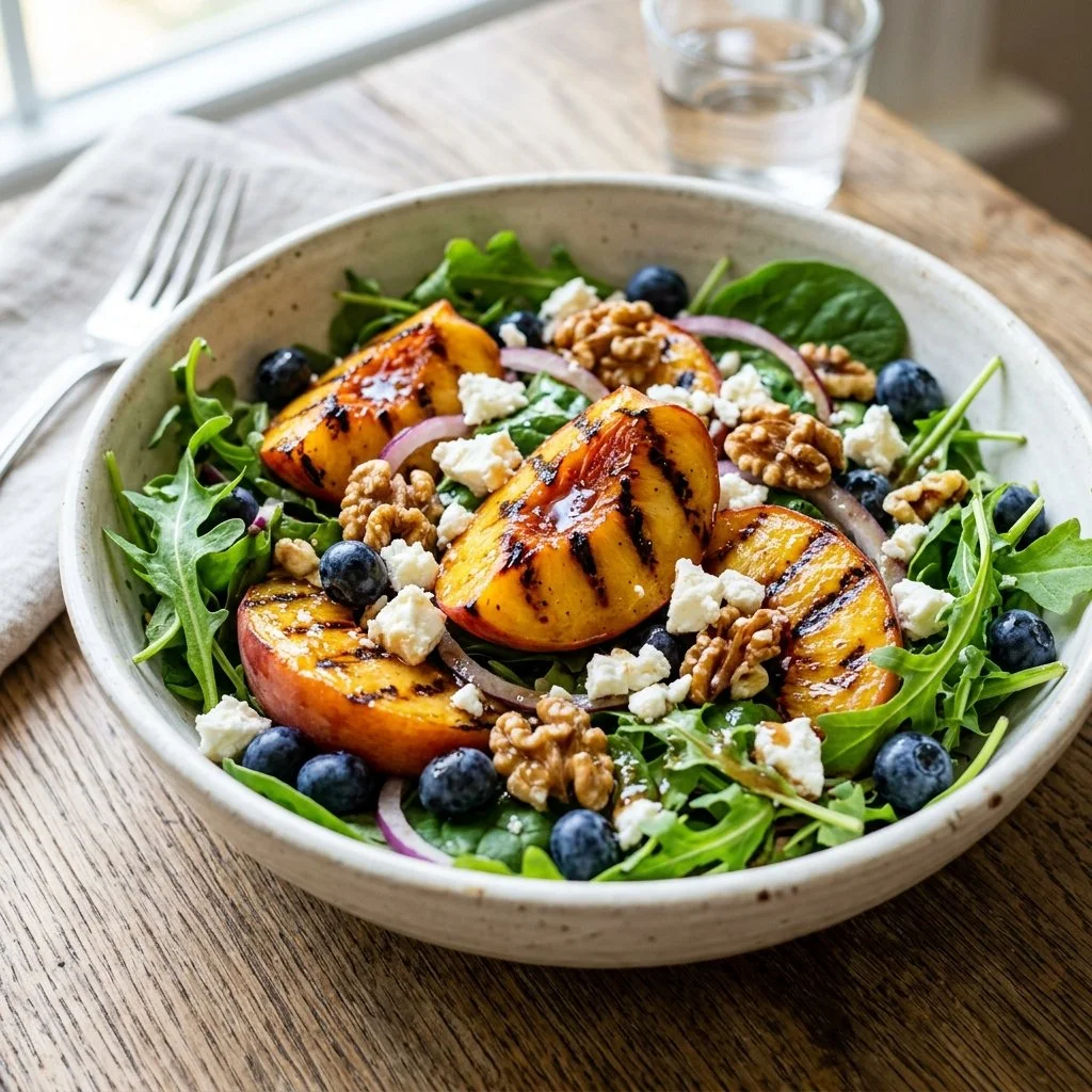Delicious grilled peach salad with greens and dressing