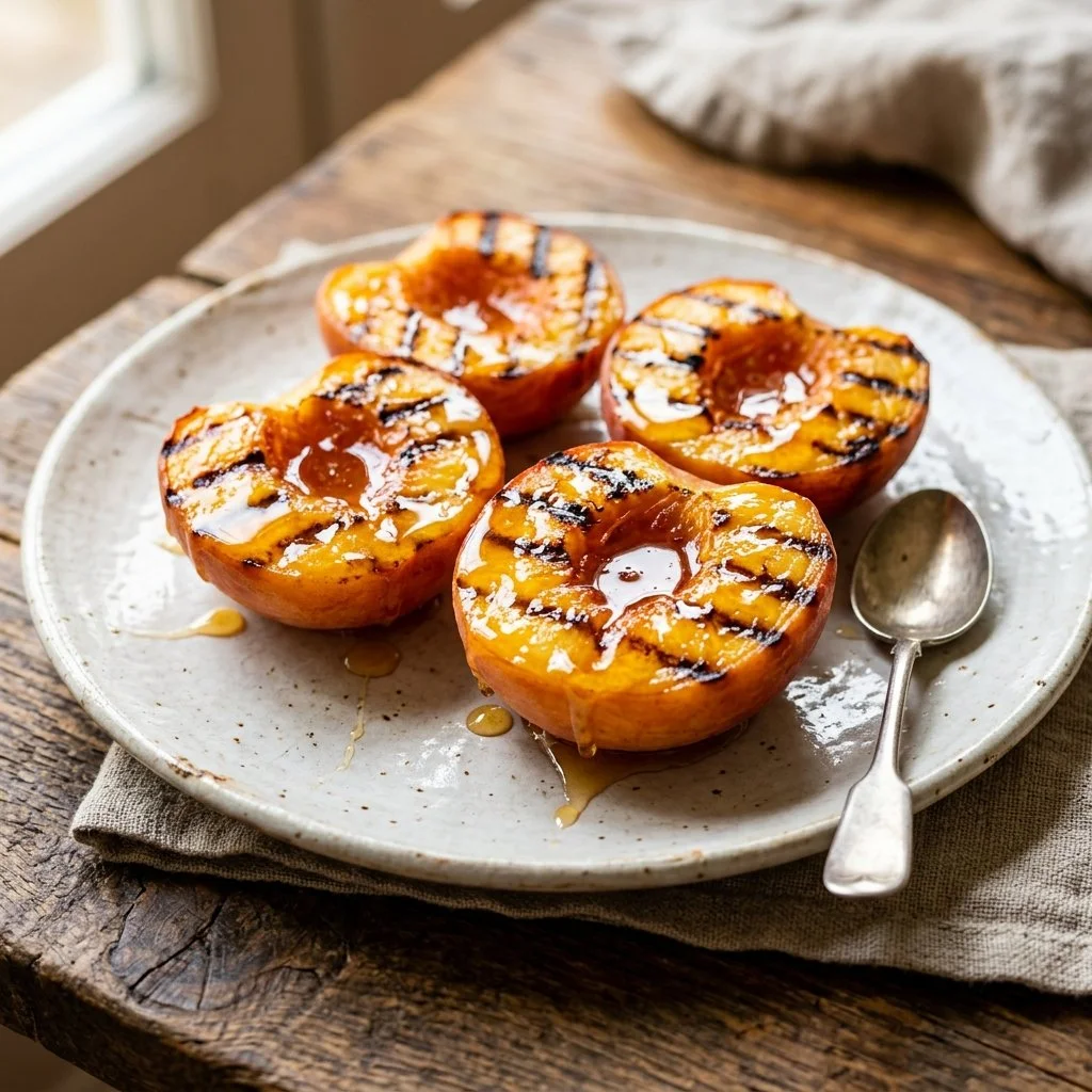 Delicious grilled peaches drizzled with honey served on a plate.