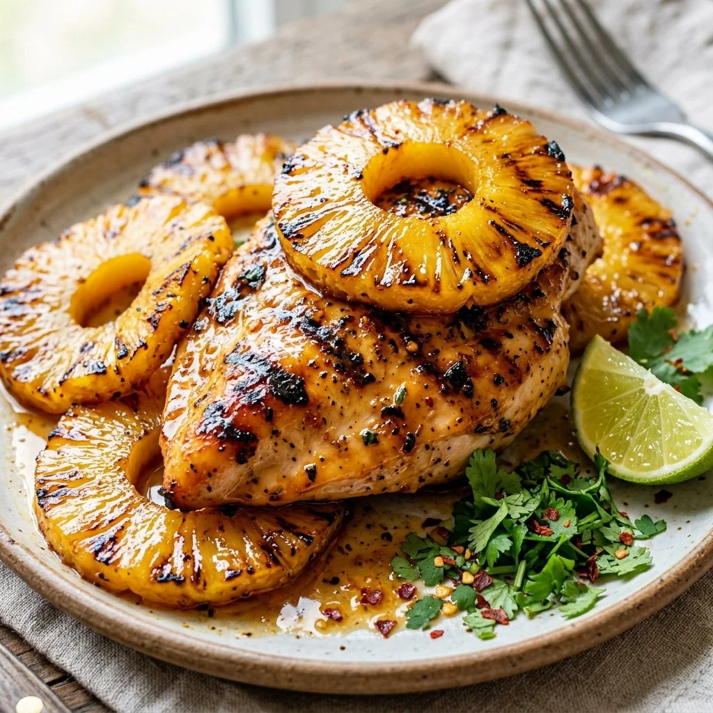 Delicious grilled pineapple chicken served on a plate with garnishes.