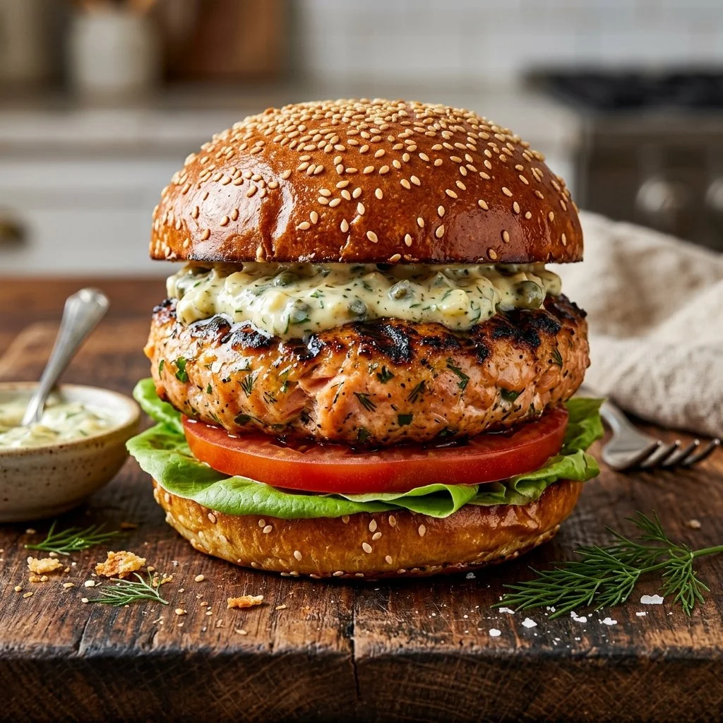 Grilled salmon burgers on a plate with fresh ingredients.