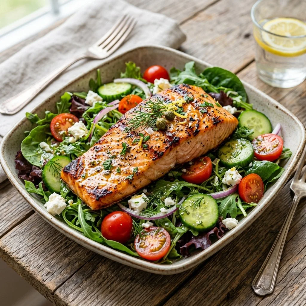 Fresh grilled salmon salad topped with vibrant vegetables and dressing