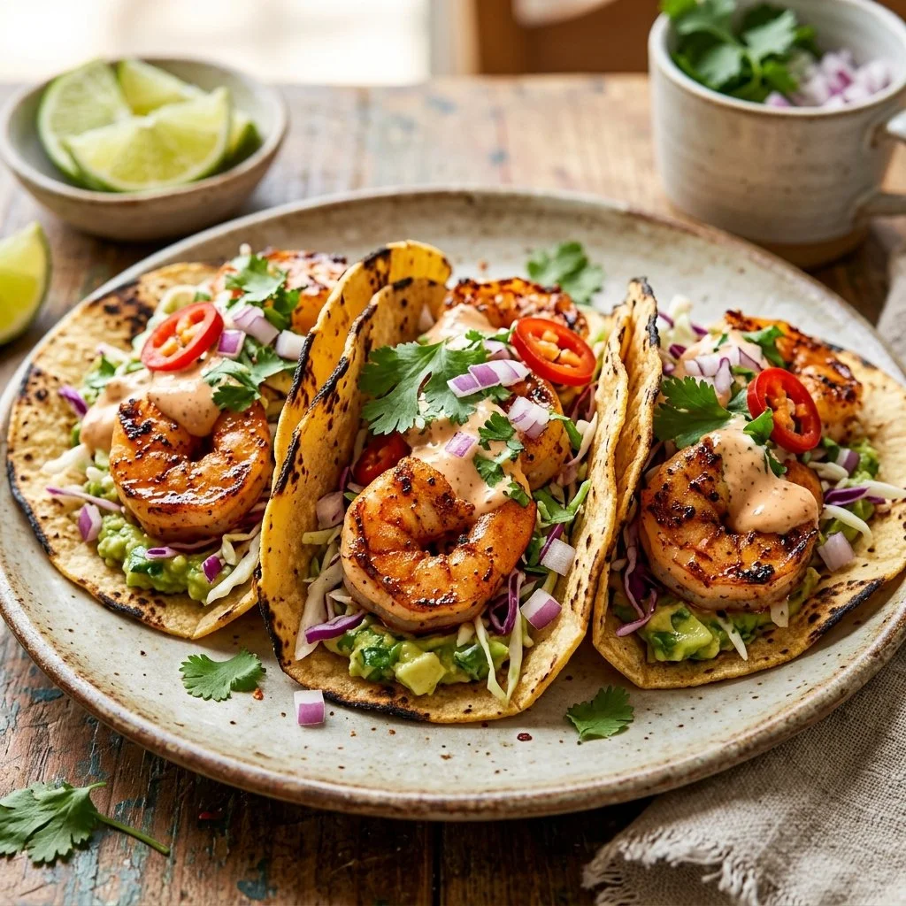 Delicious grilled shrimp tacos with fresh toppings and vibrant colors