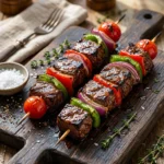 Delicious grilled steak kabobs skewered with colorful vegetables