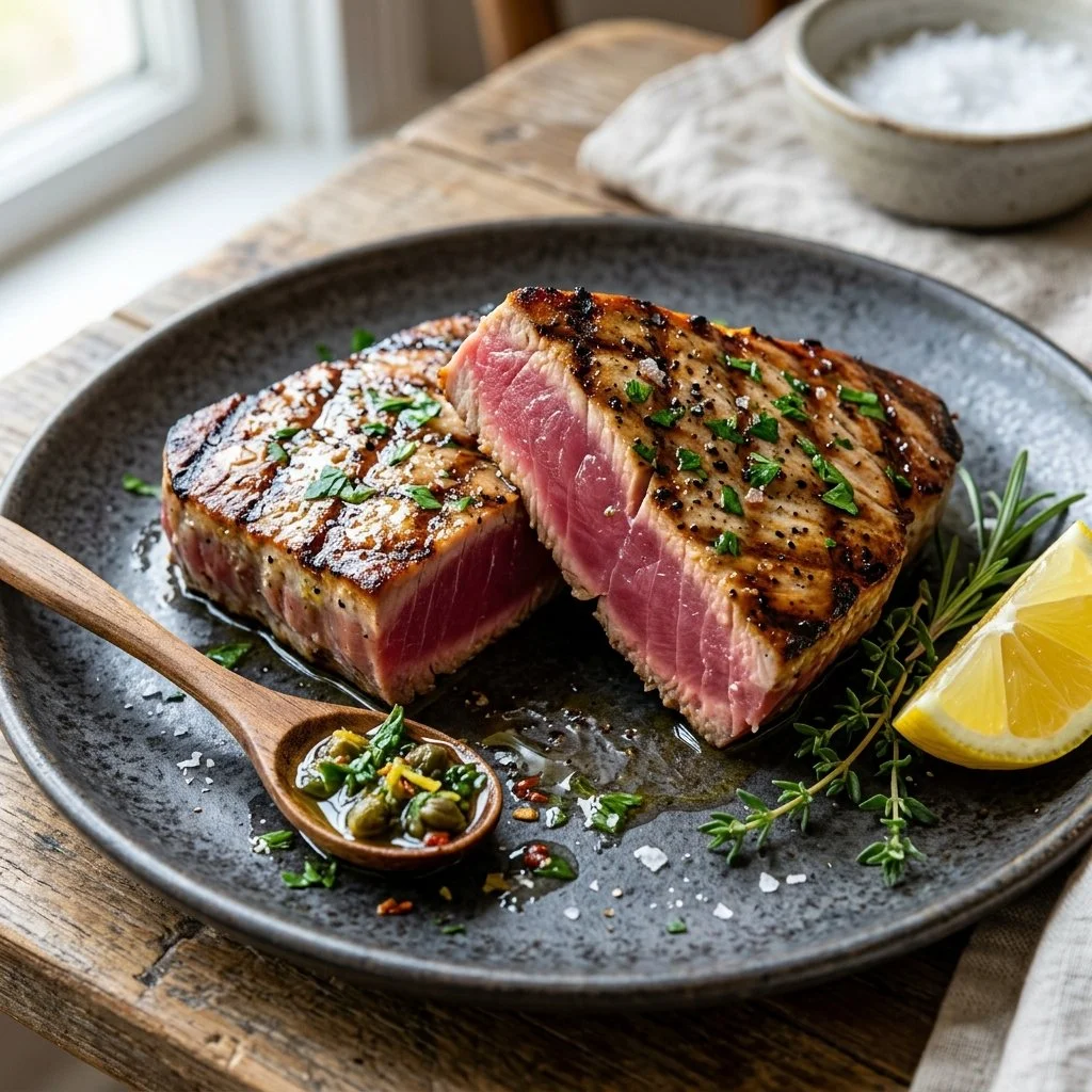 Delicious grilled tuna steaks served on a plate with fresh garnish