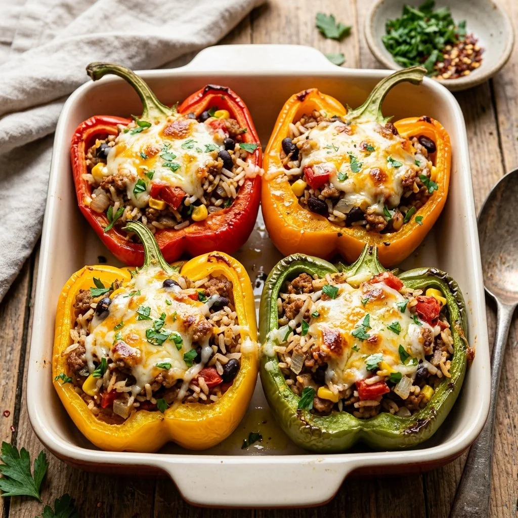 Ground turkey stuffed peppers on a plate ready to serve.