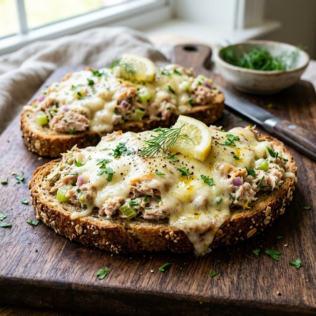Healthy tuna melts with fresh ingredients and melted cheese on whole-grain bread