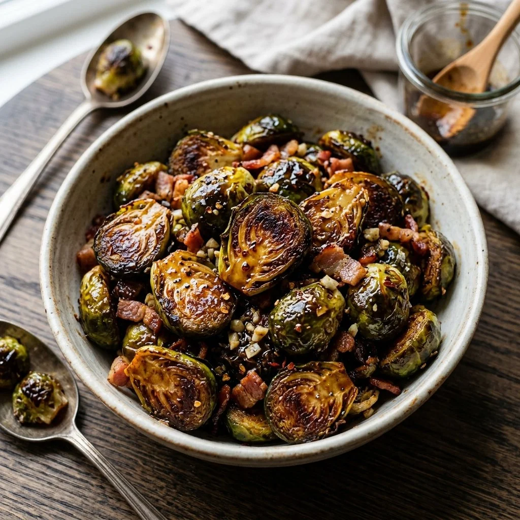 Honey Balsamic Brussels Sprouts glazed with honey and balsamic vinegar.