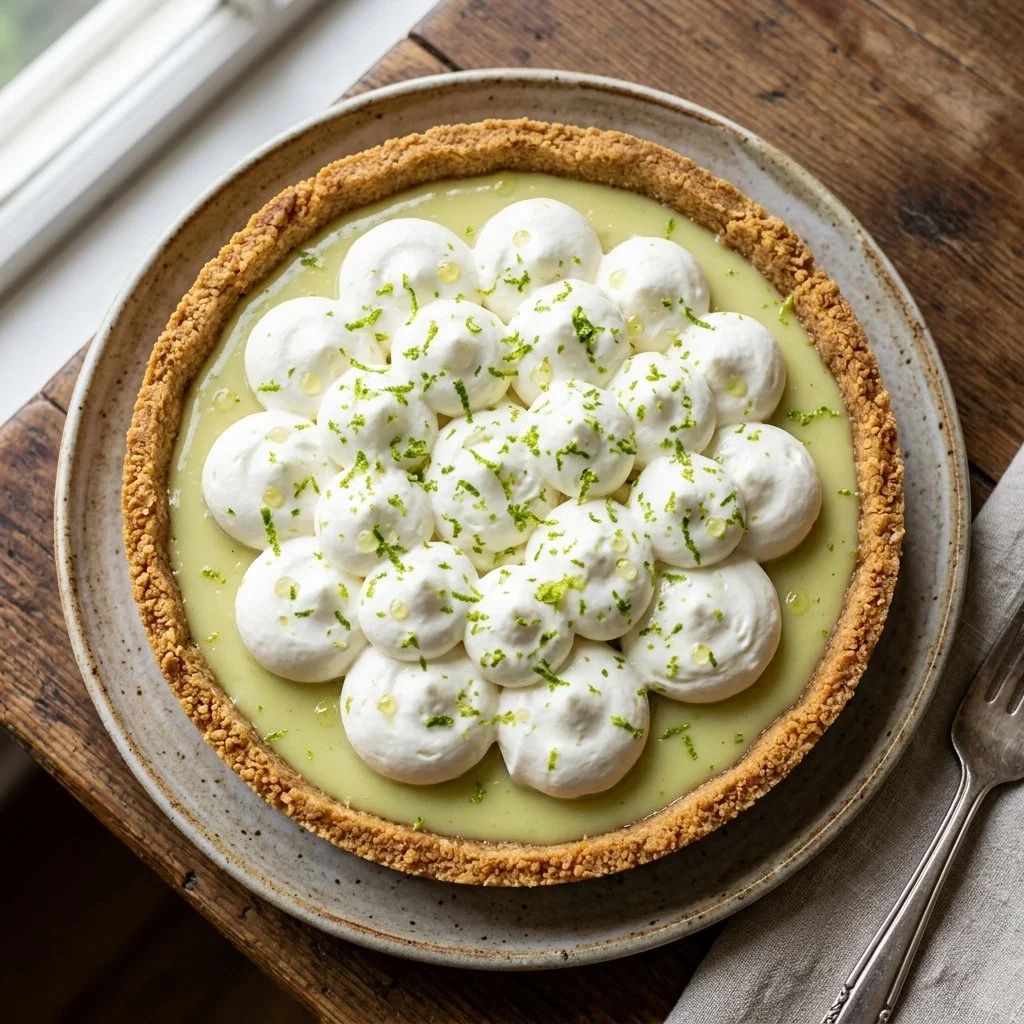 Delicious slice of homemade Key Lime Pie with vibrant lime topping