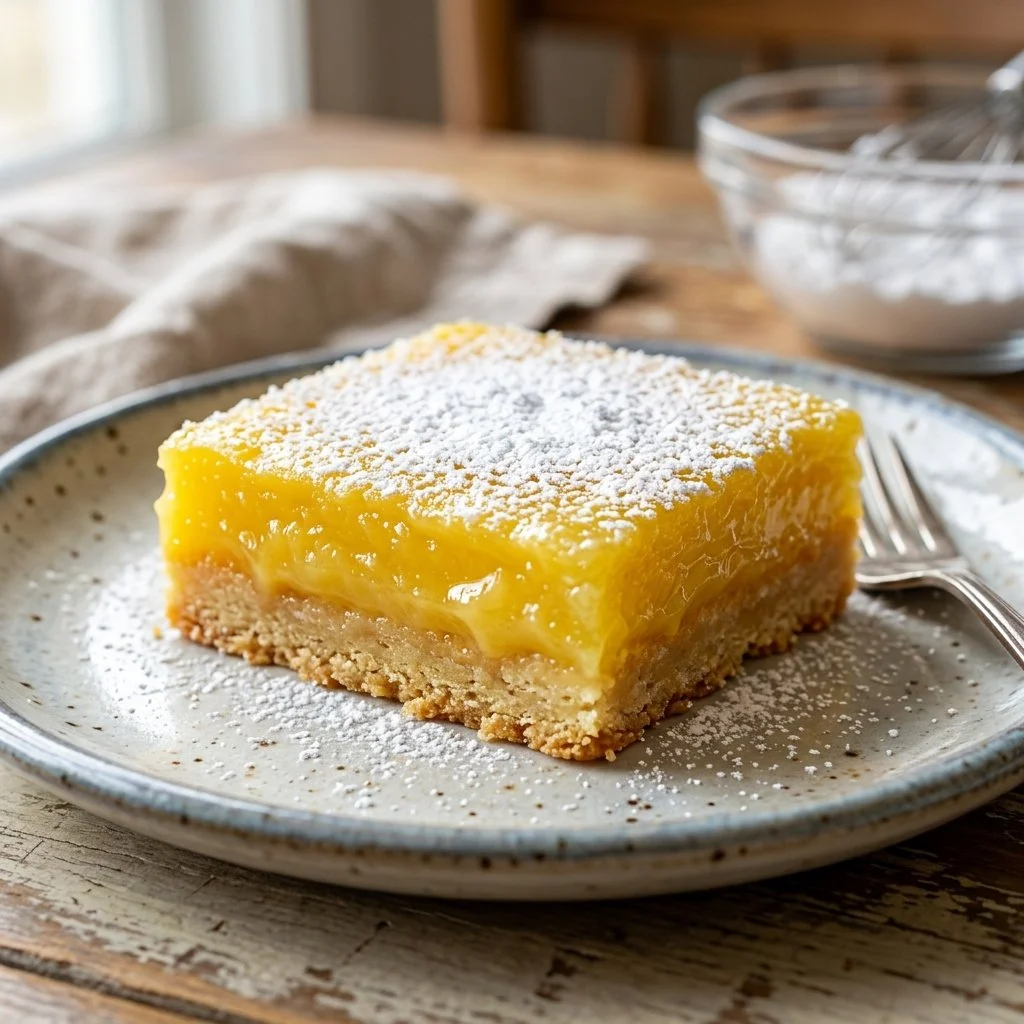 Freshly baked lemon bars with a golden crust and lemon drizzle topping.