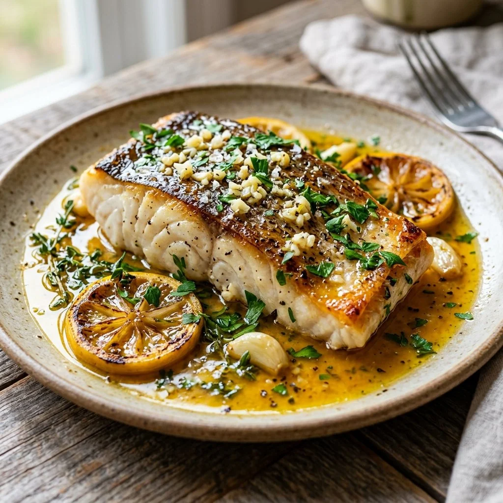 Delicious Lemon Garlic Cod served with lemon slices and fresh herbs