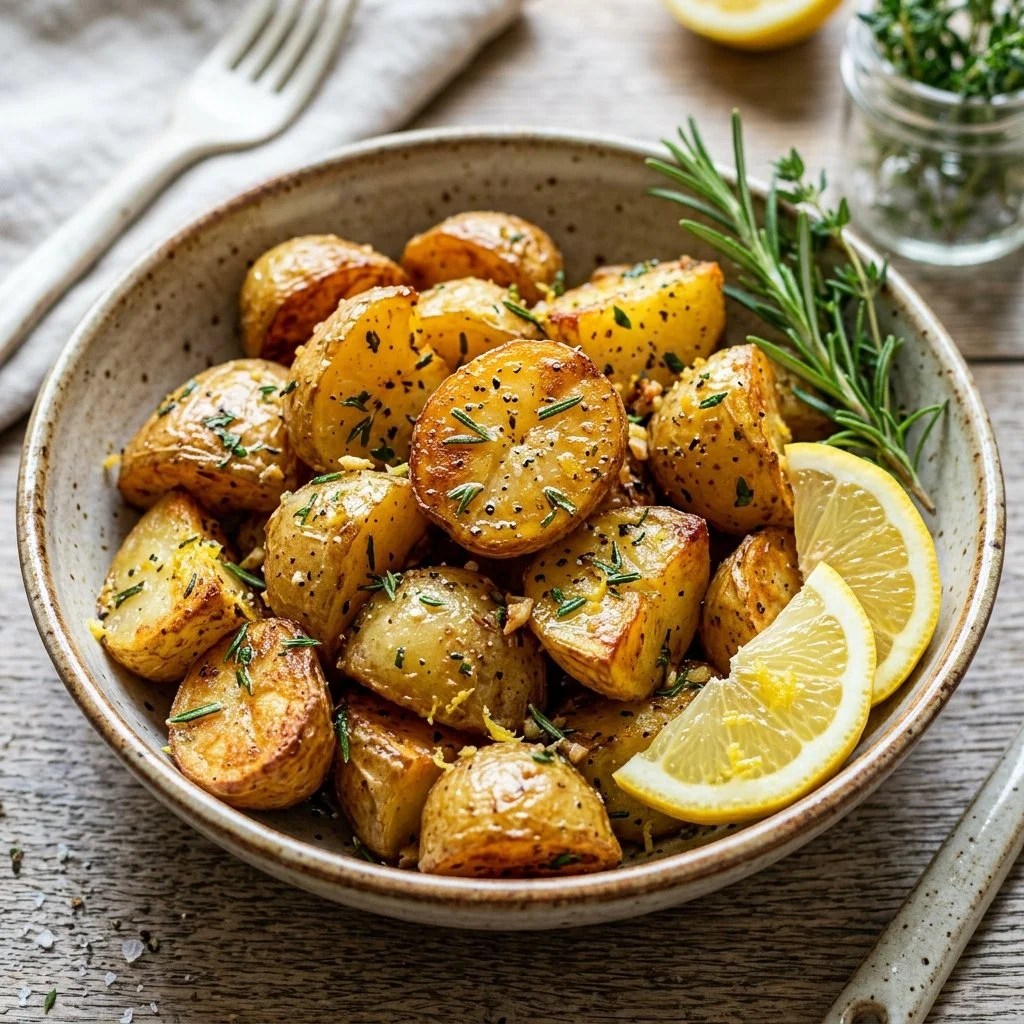 Plate of lemon herb roasted potatoes garnished with fresh herbs