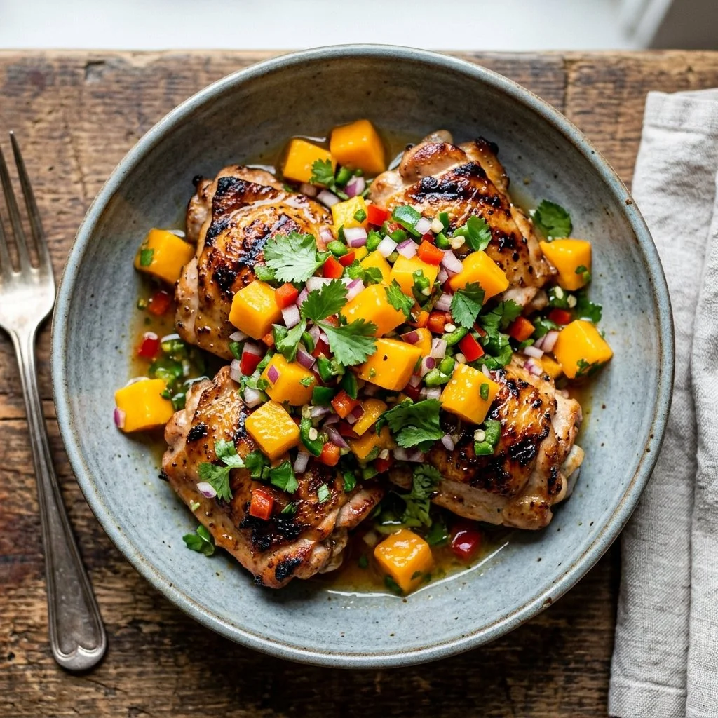 Plate of Mango Salsa Chicken garnished with fresh cilantro and lime.