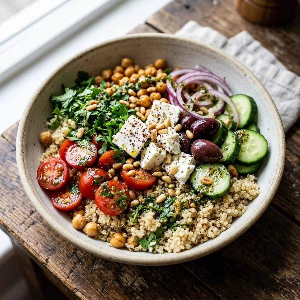 Colorful Mediterranean Quinoa Bowl with vegetables and herbs