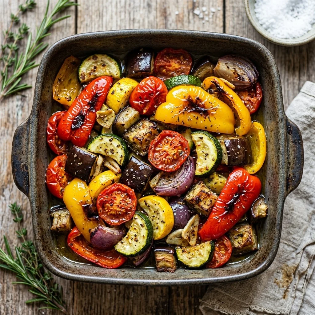Colorful Mediterranean roasted vegetables on a serving platter