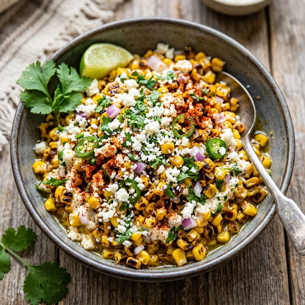 Bowl of delicious Mexican Street Corn Salad topped with cilantro and lime