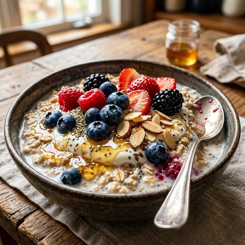 Delicious bowls of overnight oats with fresh fruits and nuts