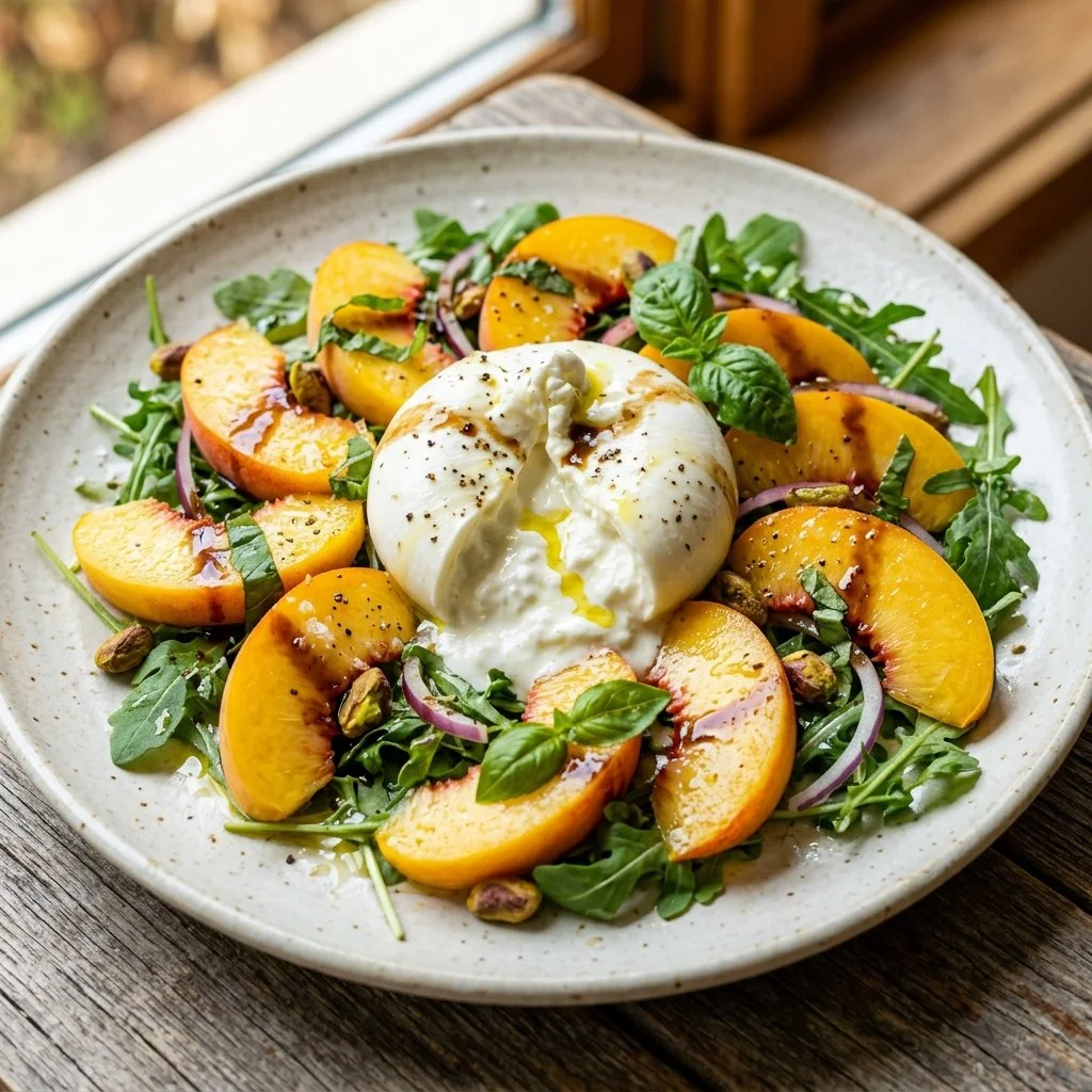 Delicious Peach Burrata Salad with fresh peaches, creamy burrata, and greens