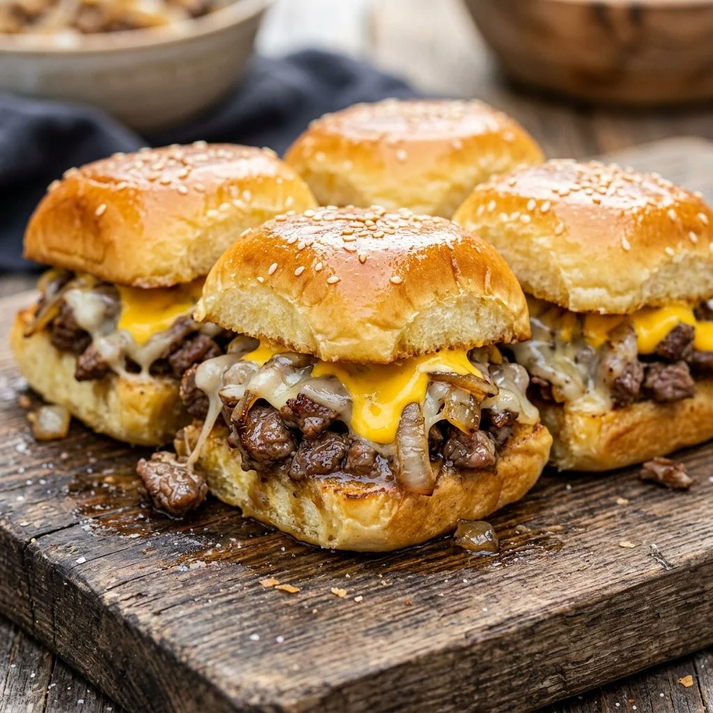 Delicious Philly Cheesesteak Sliders served on a platter