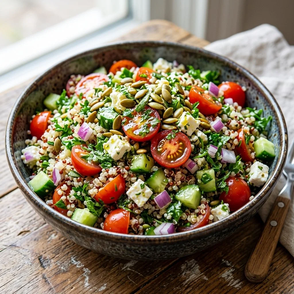 Colorful and fresh quinoa salad with vegetables and herbs