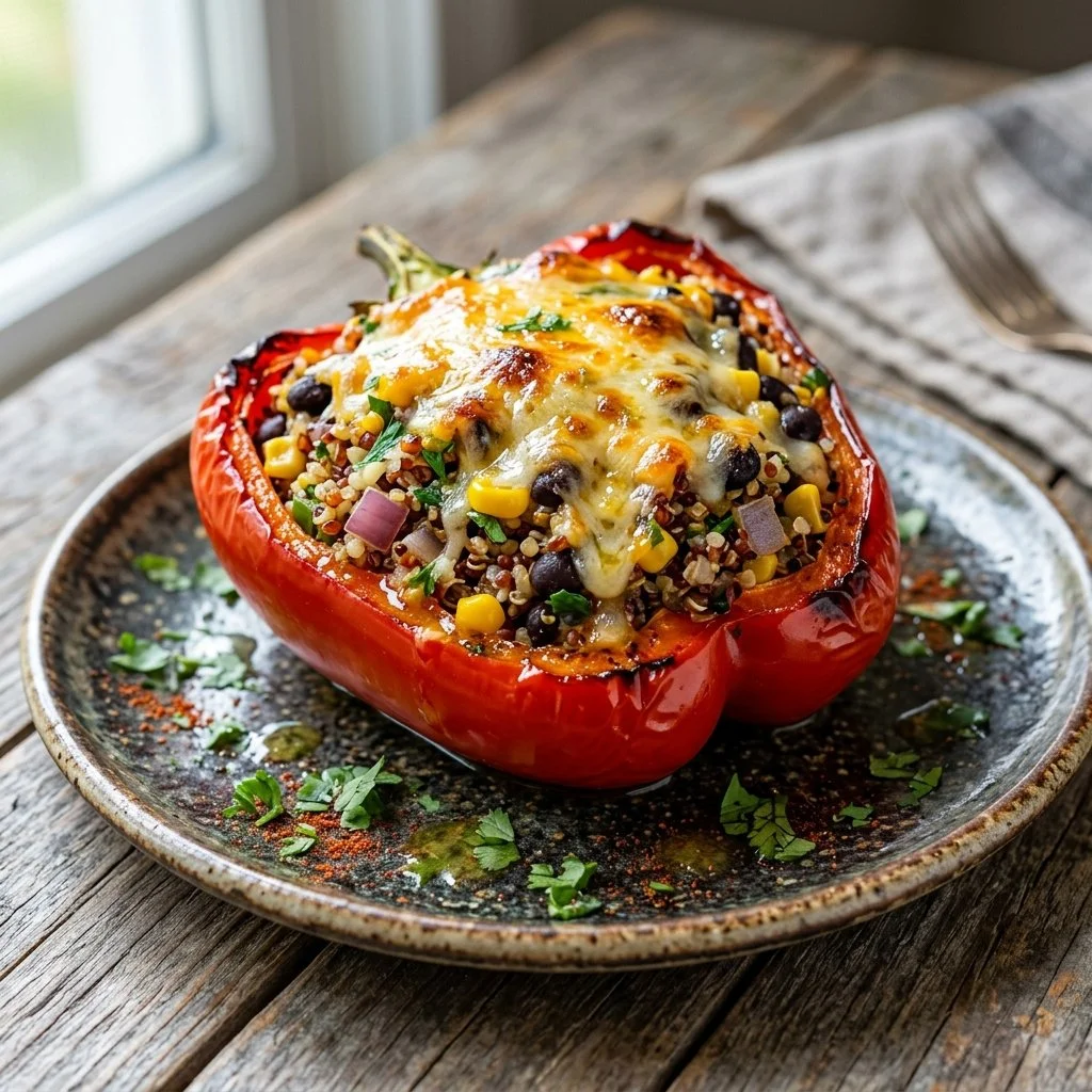Delicious quinoa stuffed peppers filled with colorful vegetables and spices