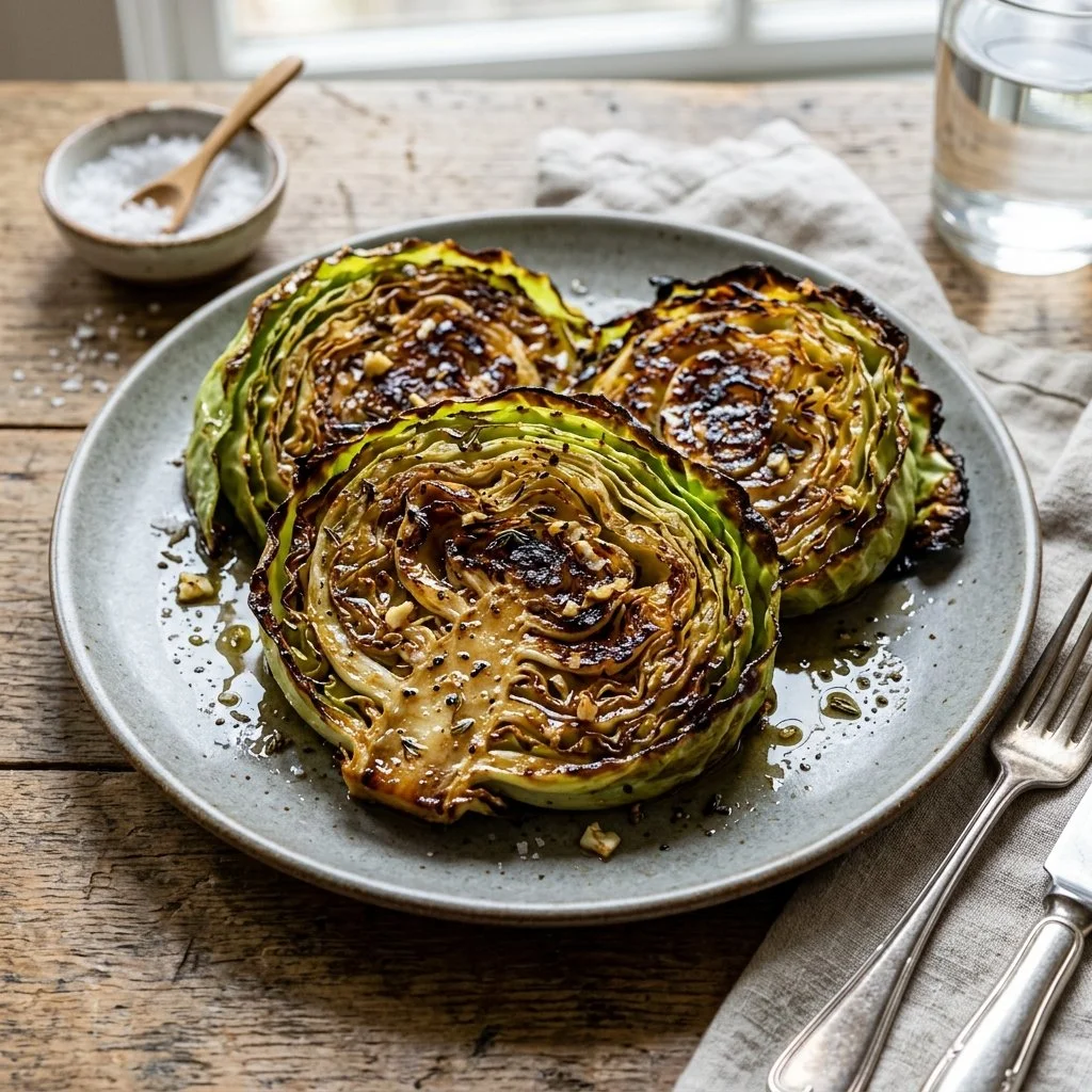 Delicious roasted cabbage steaks served with seasoning and garnished.