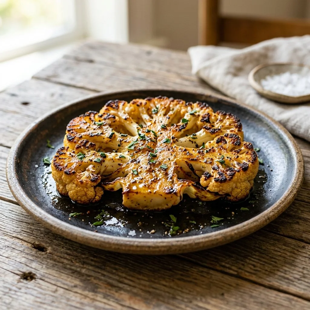 Delicious roasted cauliflower steaks seasoned and garnished on a plate