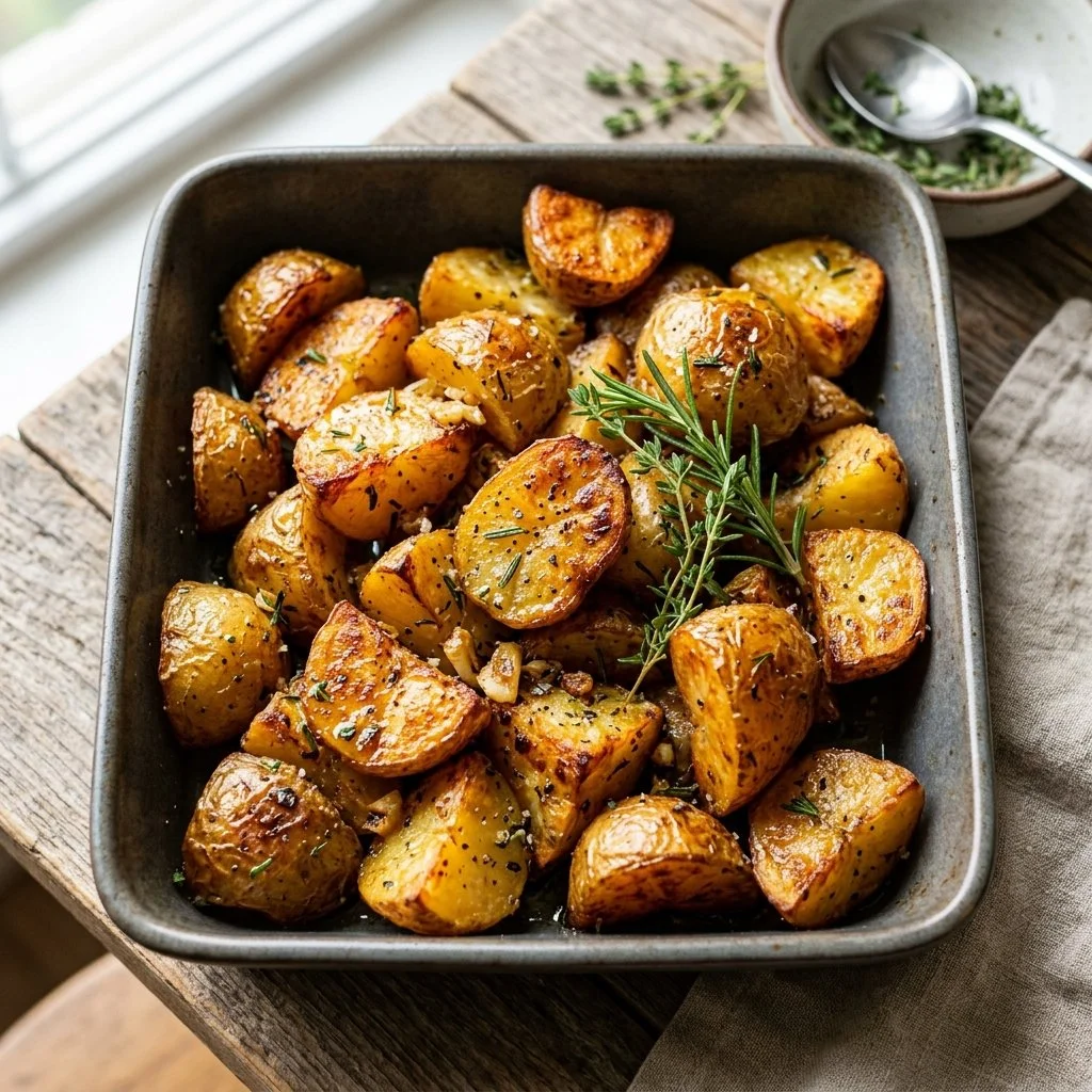 Delicious roasted garlic potatoes served on a plate for a tasty side dish