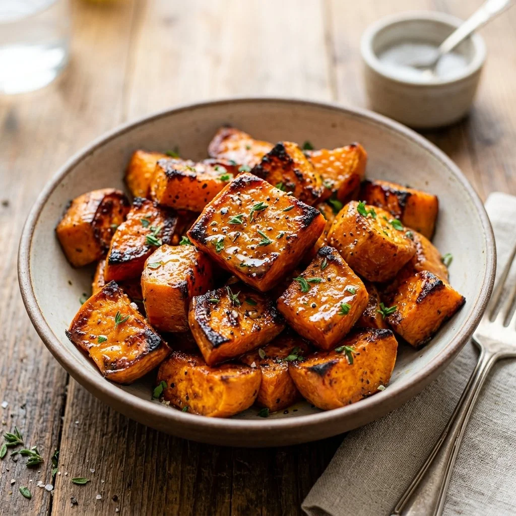 Delicious roasted sweet potatoes garnished with herbs and spices