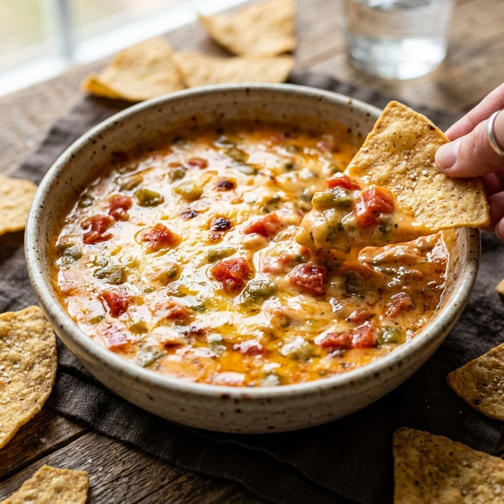 Delicious Rotel Dip in a bowl with tortilla chips on the side.