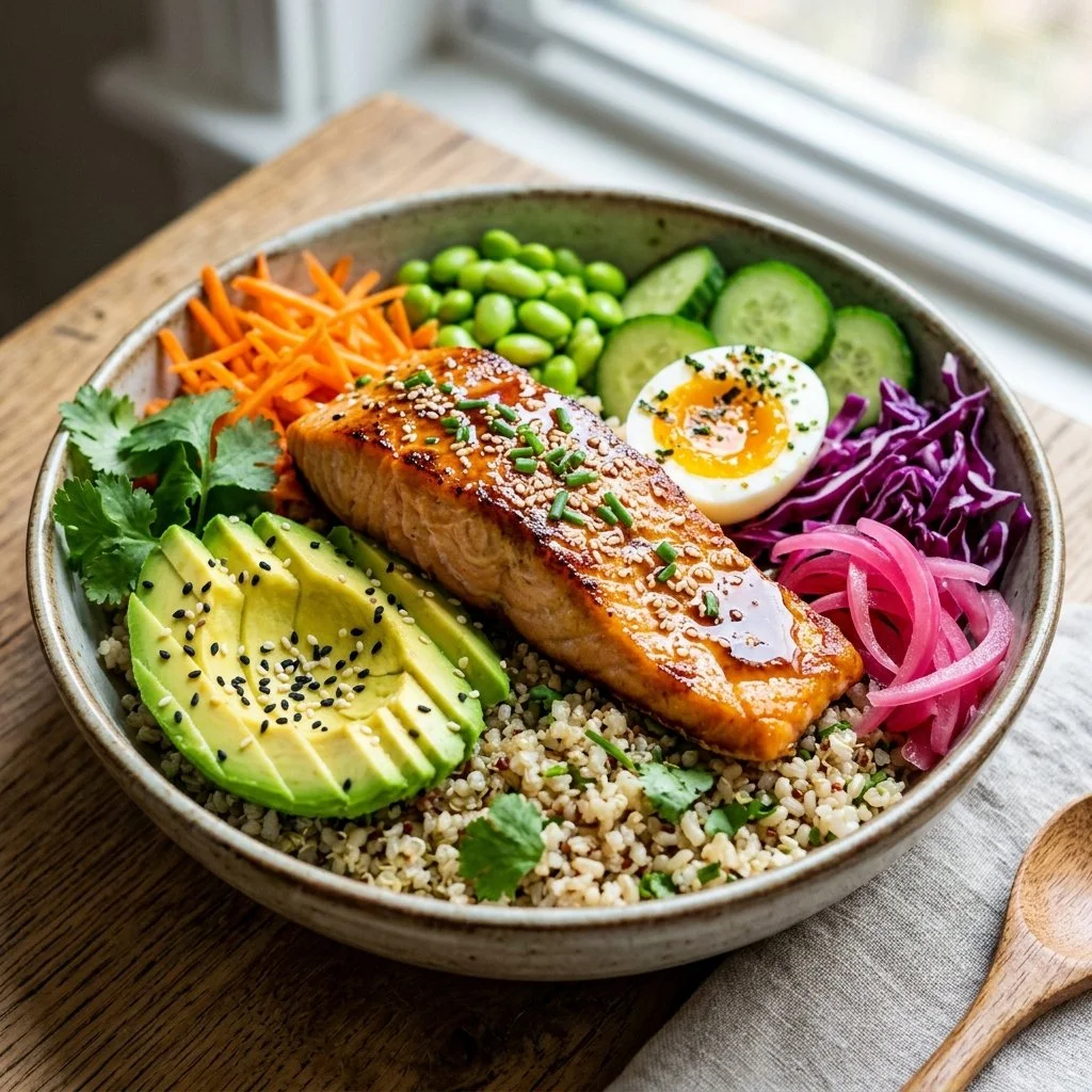 Colorful Salmon Buddha Bowl with vegetables and grains for a healthy meal