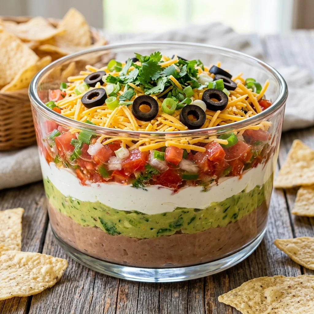 Delicious Seven Layer Dip served in a dish, perfect for parties and gatherings.