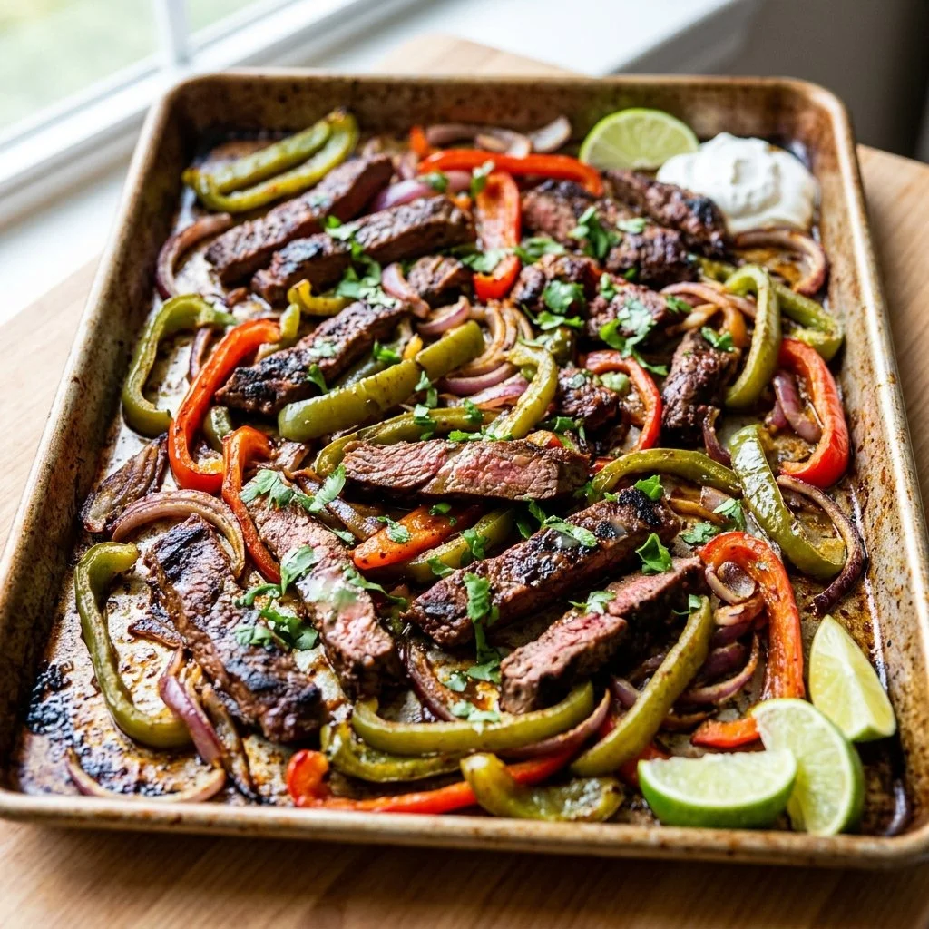 Colorful sheet pan fajitas with peppers and chicken ready to serve