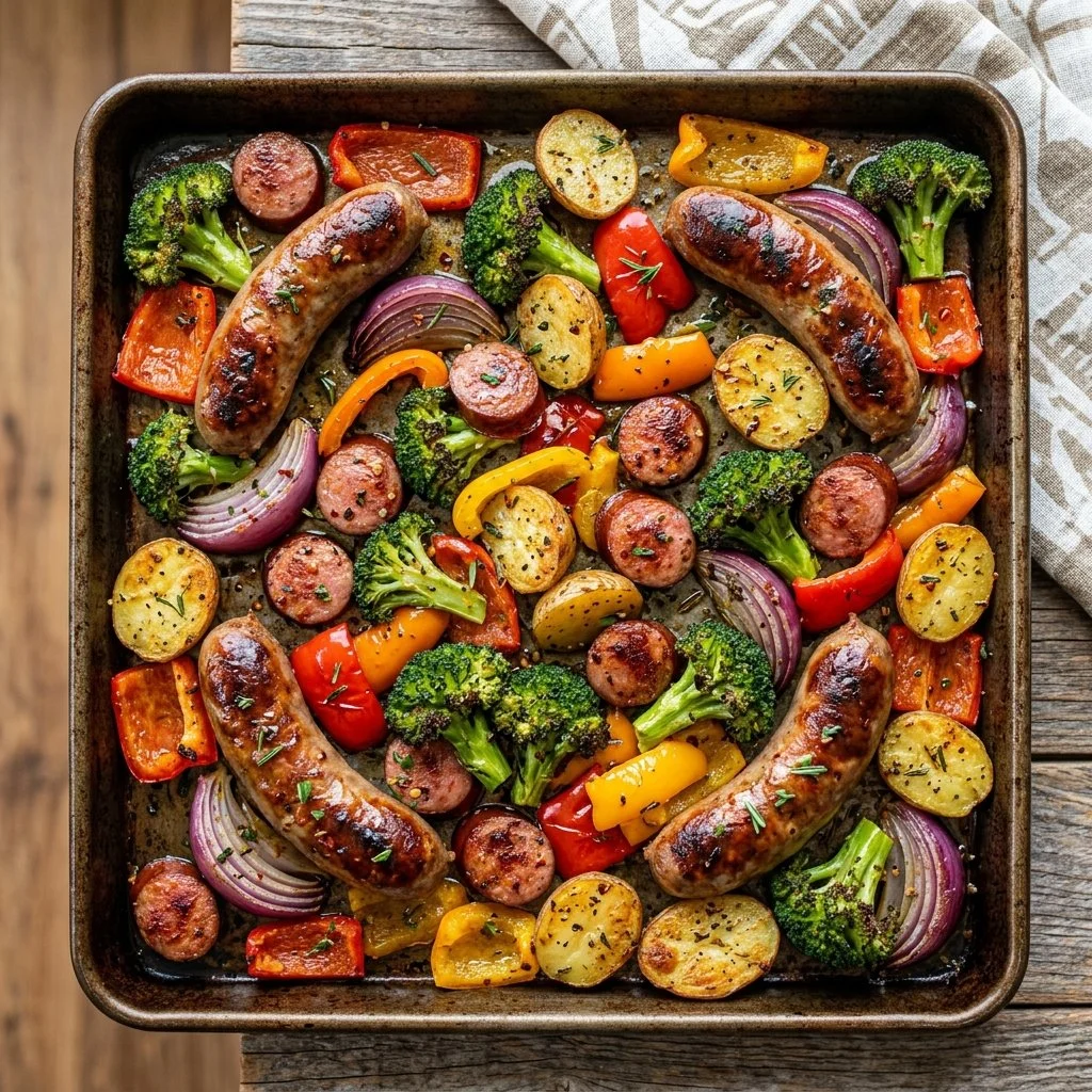 Sheet Pan Sausage and Veggies dish with colorful vegetables on a baking sheet