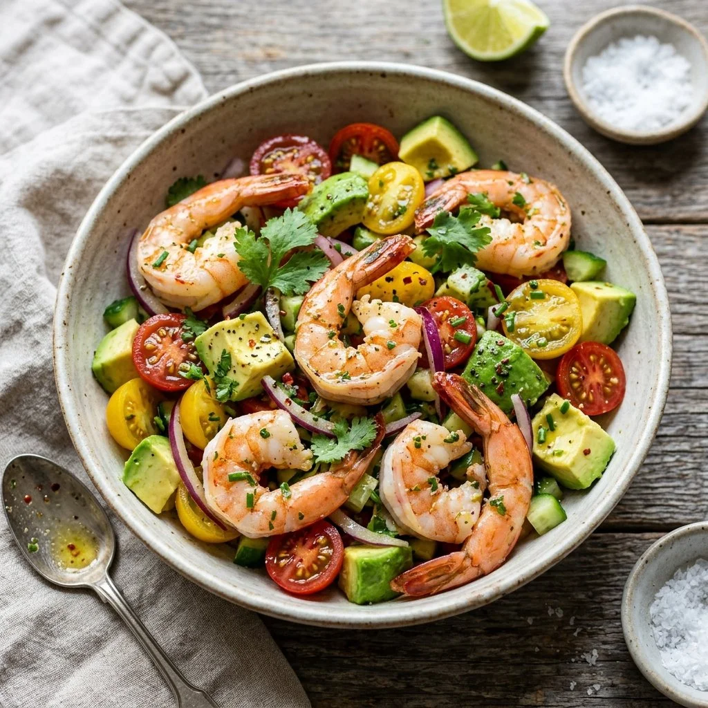 Delicious shrimp avocado salad with fresh ingredients in a bowl.