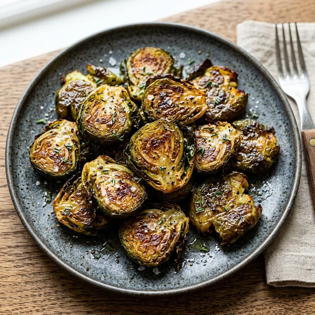 Crispy smashed Brussels sprouts served on a plate, garnished for a tasty side dish.