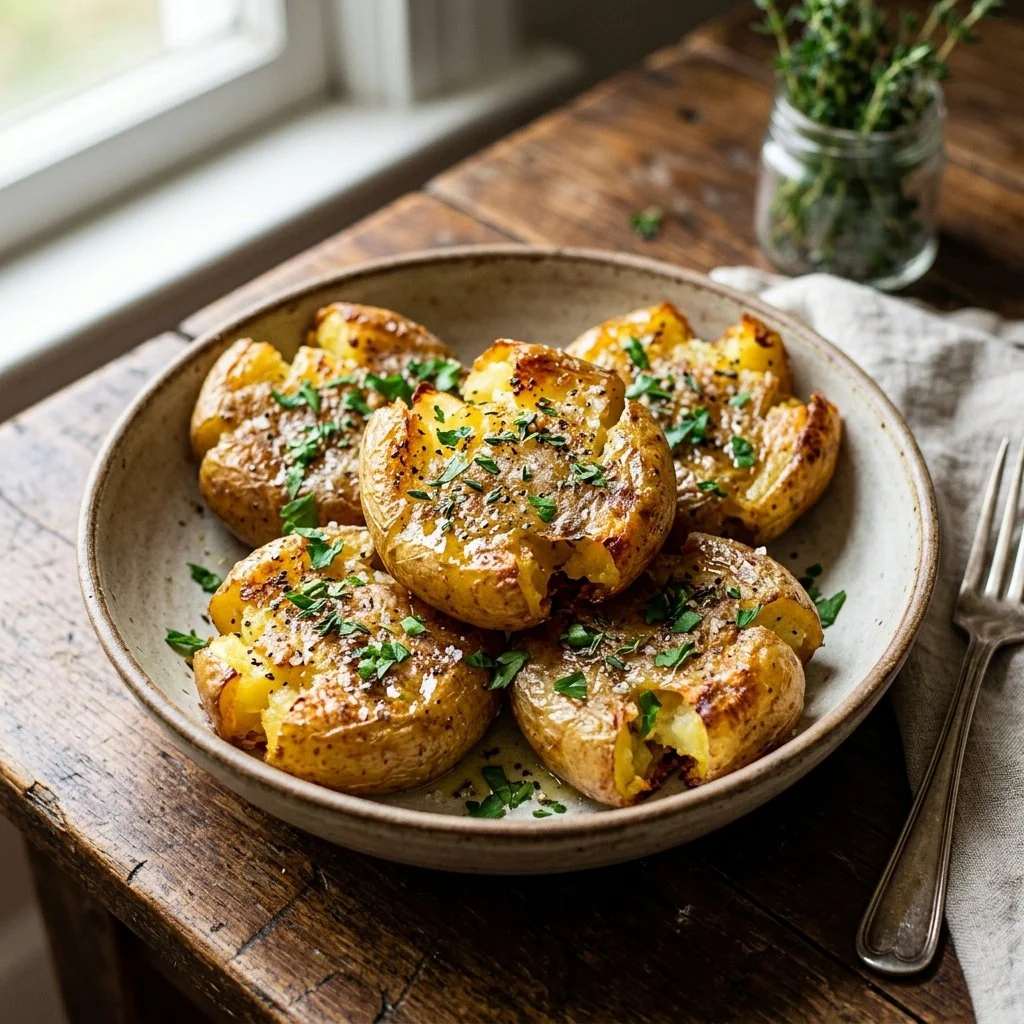 Deliciously crispy smashed potatoes served with fresh herbs.