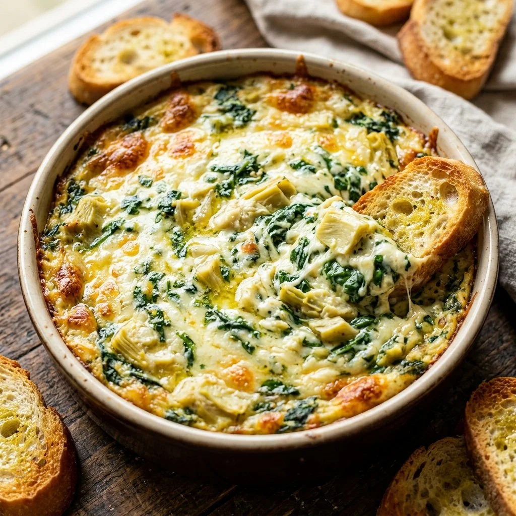 Delicious Spinach Artichoke Dip served in a bowl with chips on the side