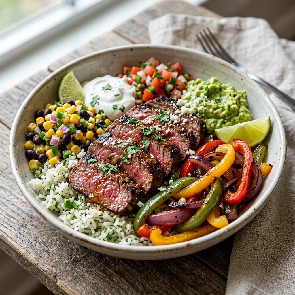 Delicious steak fajita bowl with fresh vegetables and savory spices