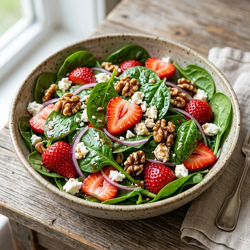 Delicious Strawberry Spinach Salad with sliced strawberries and fresh spinach leaves