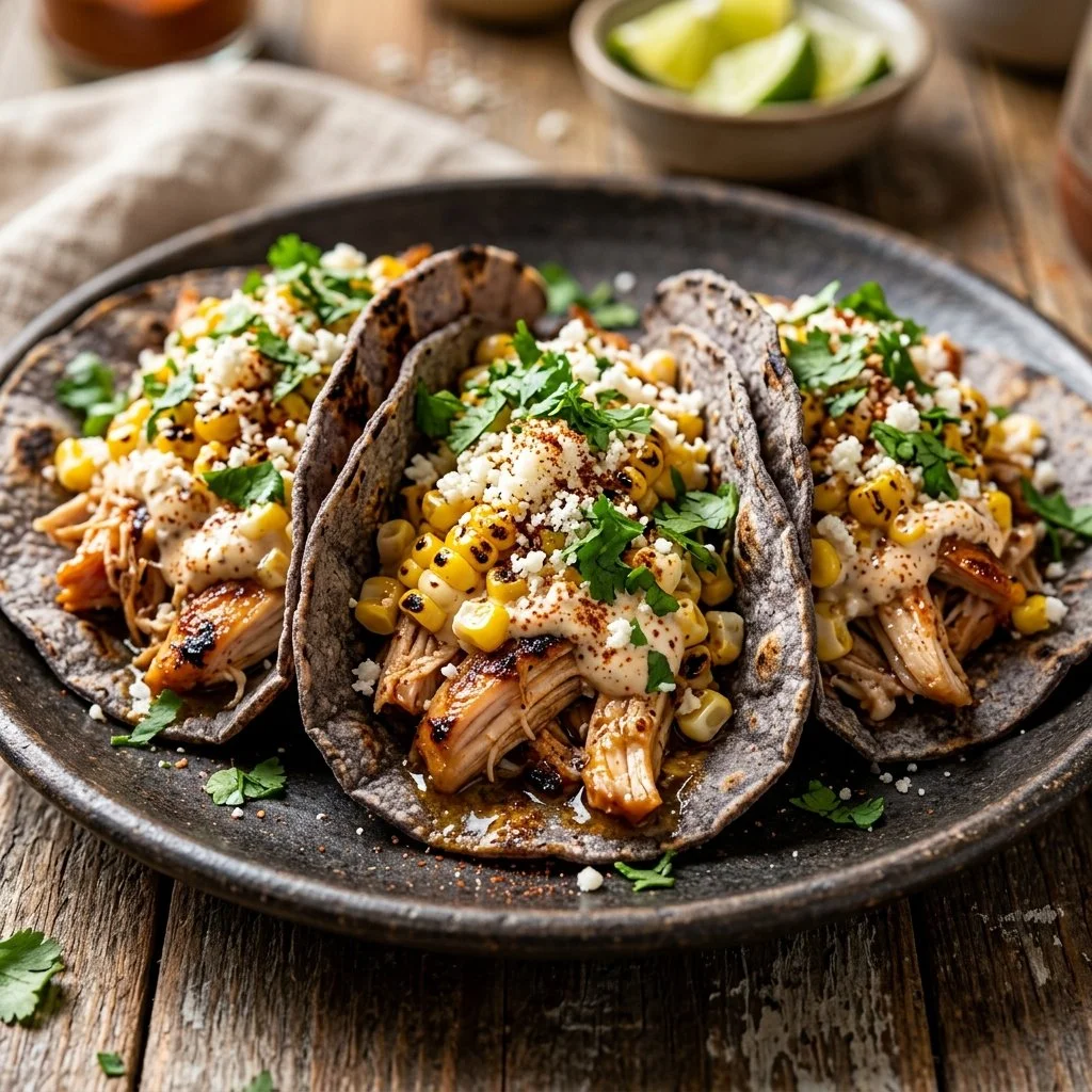 Delicious street corn chicken tacos topped with fresh ingredients