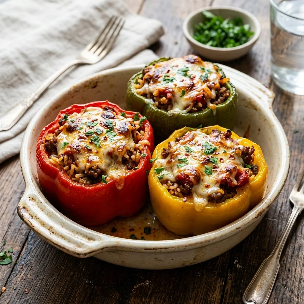 Colorful stuffed bell peppers filled with rice and vegetables on a plate