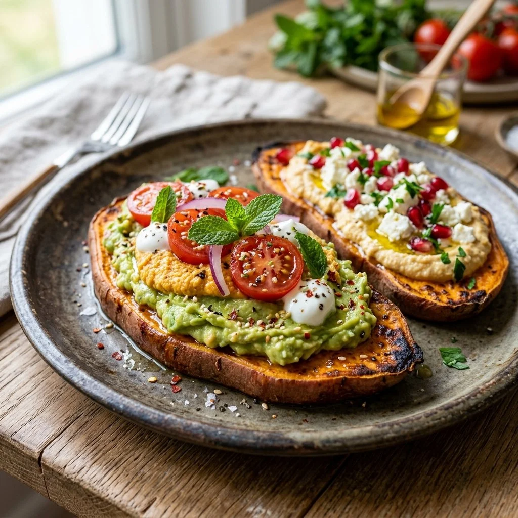 Colorful sweet potato toasts topped with avocado and herbs
