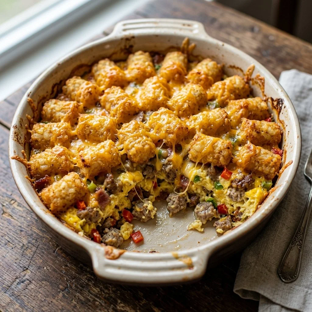 Delicious Tater Tot Breakfast Casserole topped with golden crispy tater tots.